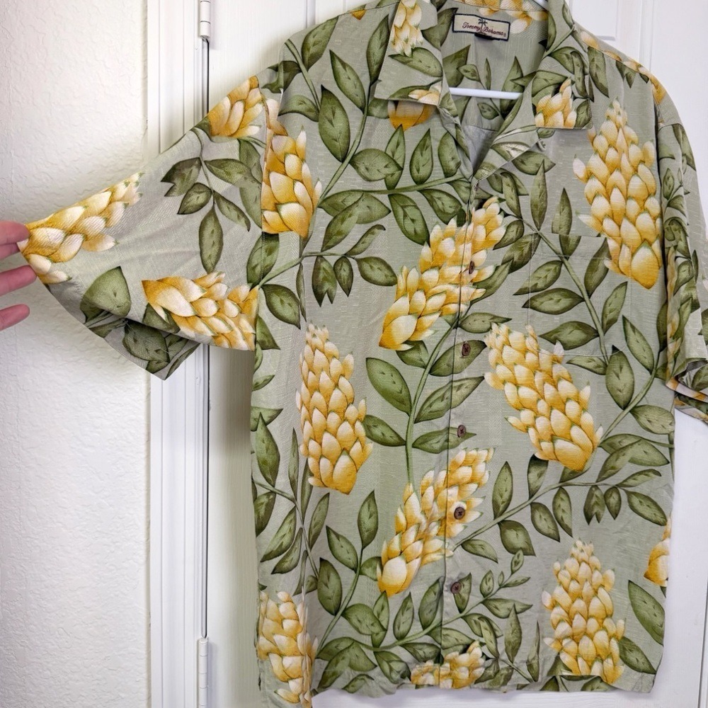 Tommy Bahama Silk Aloha Hawaiian Tropical Men's Lg Yellow & Green Floral Shirt - Picture 5 of 10
